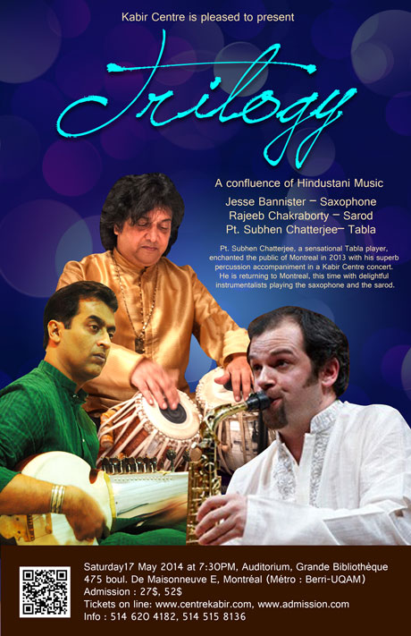 Flyer for Trilogy concert with Jesse Bannister, Rajeeb Chakraborty and Dr. Subhen Chatterjee.
